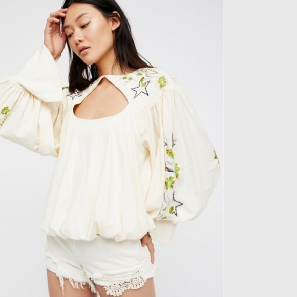 Free People Tops - RARE Free People Lita Heavily Embroidered Cream Boxy Boho Festival Top Small